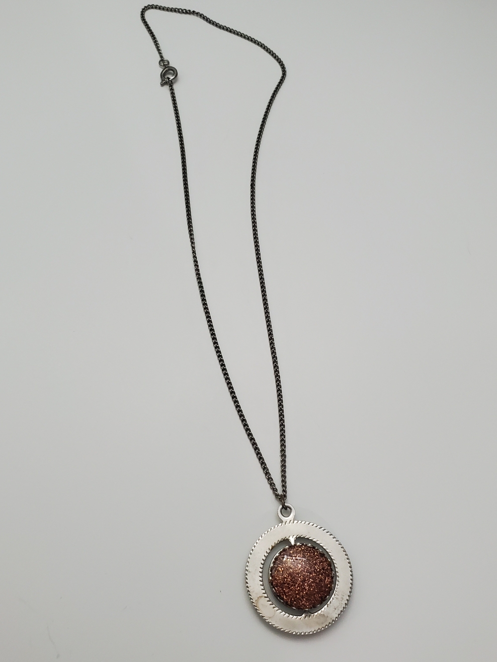 Silver-Tone Necklace with Brown Glitter/Turqoise Pendant